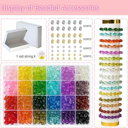 REVKI 6 * 12mm Glass Beads for Bracelets, 24 Colors Natural Bamboo Joint Shaped Crystal Beads for Jewelry Making, 600pcs Bamboo Shaped Glass Beads for DIY Necklace Crafts with Spacer Beads and Charms in Kuwait