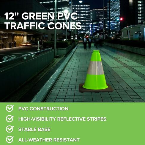 8 Pack 12'' Green PVC Traffic Cones Road Construction Cones with Black Base and Reflective Tape Safety Cones for Parking Lots Driveways Construction Areas and Traffic Control in Kuwait