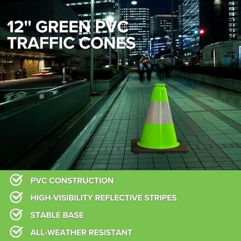 8 Pack 12'' Green PVC Traffic Cones Road Construction Cones with Black Base and Reflective Tape Safety Cones for Parking Lots Driveways Construction Areas and Traffic Control in Kuwait