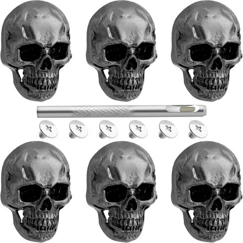 6pcs Skull Rivets Studs for Clothing, Gothic Style Skull Head Buttons Screws with Drilling Tool, 3D Skeleton Pins for Leather Crafts, Boots, Belts - Black, Silver Gray in Kuwait