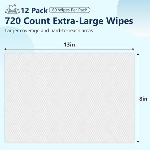 Adult Wipes For Elderly - 8"x13" Extra Large & Soft Wet Wipes for Adults Bathing No-Rinse Incontinence & Cleansing - Disposable Washcloths, Vitamin E & Aloe Infused 720ct (12 Packs of 60) in Kuwait