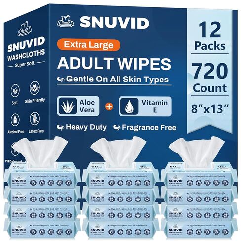 Adult Wipes For Elderly - 8"x13" Extra Large & Soft Wet Wipes for Adults Bathing No-Rinse Incontinence & Cleansing - Disposable Washcloths, Vitamin E & Aloe Infused 720ct (12 Packs of 60) in Kuwait