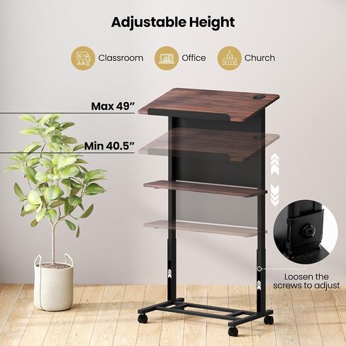 Tangkula Rolling Podium Stand, 3-Position Height Adjustable Lectern Table with Tilted Tabletop, Mobile Laptop Cart with Storage Shelf, Lockable Casters, Ideal for Classroom, Office, Churches in Saudi Arabia