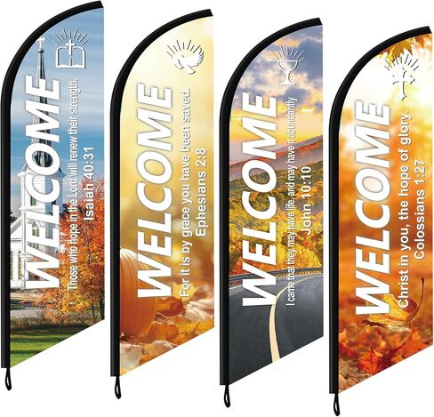 4 Pcs Church Welcome Feather Flags with Scripture Sanctuary Welcome Swooper Flag for Outside Church Banners Outdoor Inspirational Christian Banner Hanging Sign for Worship Religious Event in Kuwait