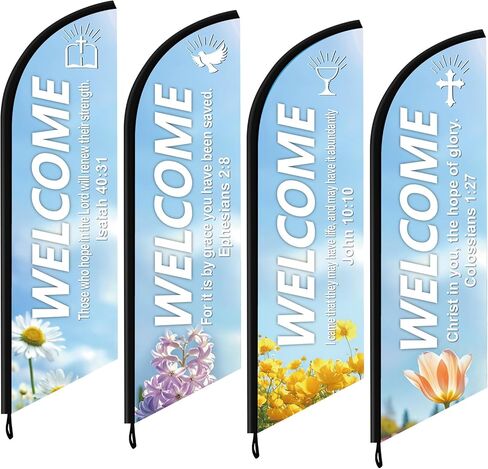 4 Pcs Church Welcome Feather Flags with Scripture Sanctuary Welcome Swooper Flag for Outside Church Banners Outdoor Inspirational Christian Banner Hanging Sign for Worship Religious Event in Kuwait