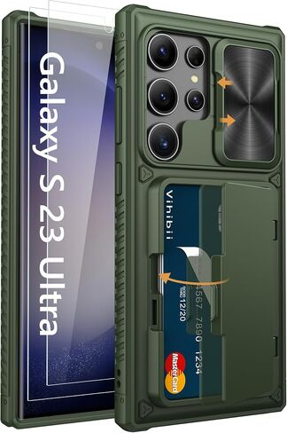 Vihibii for Samsung Galaxy S23 Ultra Case with Card Holder (4 Cards), Built-in 2X Tempered Glass Screen Protector & Slide Camera Cover & Kickstand, Rugged & Shockproof Phone Case for S23 Ultra, Black in Saudi Arabia