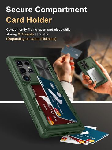 Vihibii for Samsung Galaxy S23 Ultra Case with Card Holder (4 Cards), Built-in 2X Tempered Glass Screen Protector & Slide Camera Cover & Kickstand, Rugged & Shockproof Phone Case for S23 Ultra, Black in Saudi Arabia