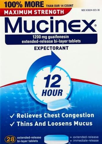 Mucinex 12 Hour Maximum Strength 1200 mg Guaifenesin Extended-Release Tablets for Excess Mucus Relief, Expectorant Aids Excess Mucus Removal, Chest Congestion Relief, 28 Tablets in Kuwait