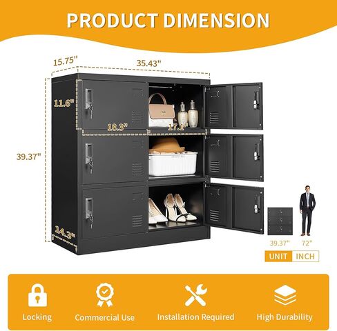 Metal Lockers for Employees, Storage Employee Locker, 72" Storage Lockers with Shelves Steel Cabinet for Home (Black, 9 door-72'') in Kuwait