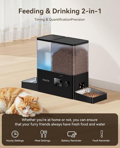 ROJECO 36CUPS/8.5L PET Automatic Cat Teeder and Gravity Mater Mofenser ، Bowls Stainless Steel 2-in-1 setger crace 5L food feeder و 3.5L mater fountain for cats ، pets ، dogs ، purapies ، intens in Kuwait