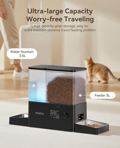ROJECO 36CUPS/8.5L PET Automatic Cat Teeder and Gravity Mater Mofenser ، Bowls Stainless Steel 2-in-1 setger crace 5L food feeder و 3.5L mater fountain for cats ، pets ، dogs ، purapies ، intens in Kuwait
