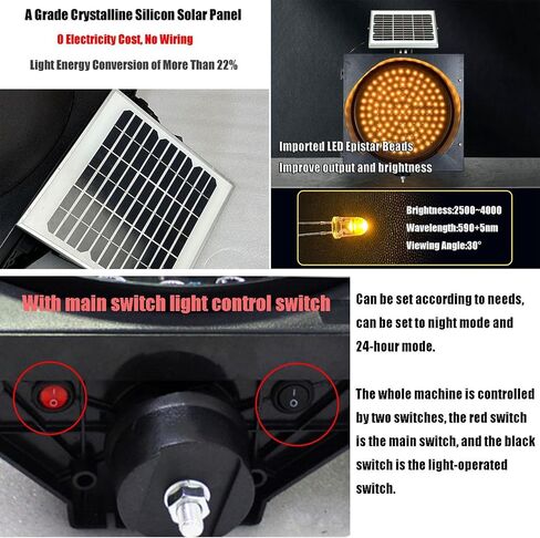 Solar Traffic Signals Signs Lights, 200mm/300mm/400mm LED Yellow Flashing Light with Solar Panel for Car Traffic Warning, IP65 Waterproof(20cm) in Saudi Arabia
