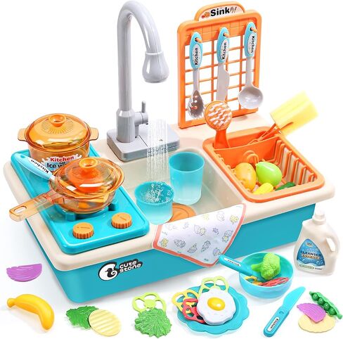 CUTE STONE Play Sink with Running Water, Toy Sink with Electric Faucet, Fishing Game, Toy Kitchen Accessories, Water Play Track, Pretend Play Dishwasher & Outdoor Water Table Toys for Toddlers Girls in Saudi Arabia