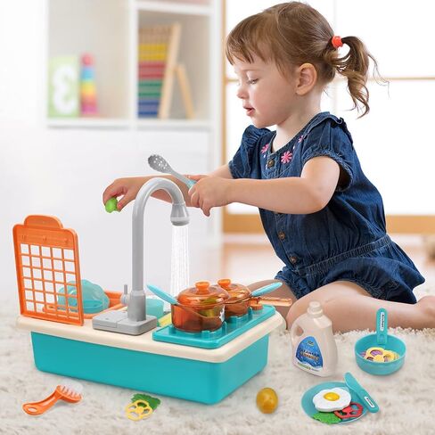 CUTE STONE Play Sink with Running Water, Toy Sink with Electric Faucet, Fishing Game, Toy Kitchen Accessories, Water Play Track, Pretend Play Dishwasher & Outdoor Water Table Toys for Toddlers Girls in Saudi Arabia