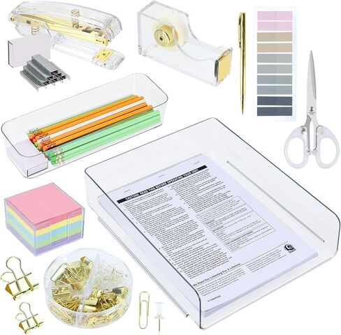 Buqoo 11PCS Acrylic Office Supplies Kit, Stapler and Tape Dispenser Set with Staple Remover, Sticky Note Holder, Pen, Scissor, Paper Clips, Dovetail Clips, Push Pins, Index Stickers Desk Accessories in Saudi Arabia
