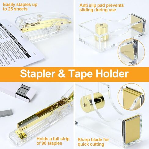 Buqoo 11PCS Acrylic Office Supplies Kit, Stapler and Tape Dispenser Set with Staple Remover, Sticky Note Holder, Pen, Scissor, Paper Clips, Dovetail Clips, Push Pins, Index Stickers Desk Accessories in Saudi Arabia
