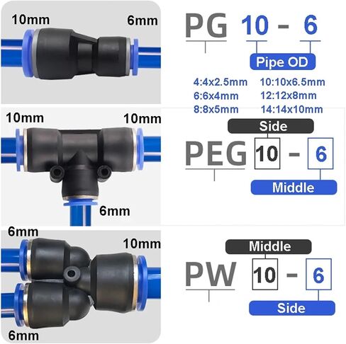 PE PG PY PW Air Connectors 4 6 8 10 12mm Pneumatic Fitting Quick Connect Tee 3Way Plastic Pipe 1Pcs(10-6,PEG-1PCS) in Saudi Arabia