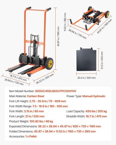 رفع المواد الهيدروليكية Vevor ، مكدس Winch القابل للطي 450 رطلاً 35.8 '' أقصى ارتفاع مع عجلات مطاطية سميكة 9 '، وعجلات أمامية دوارة ، ولوحة منصة الصلب القابلة للإزالة ، والشوك القابل للتعديل in Saudi Arabia