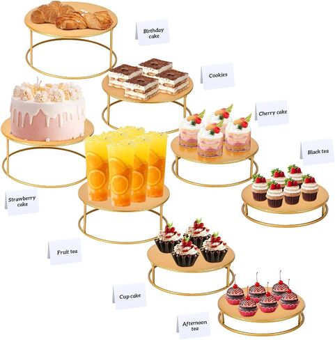 Blulu 8 مجموعة بوفيه Risers Risers Gold Metal Table عرض حامل مستديرة تداخل Riser 4 حجم مختلف مع 8 ملصقات طاولة بوفيه لخدمة Cate Cake Sentibles Party Jewelry Party in Saudi Arabia