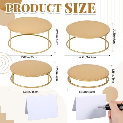 Blulu 8 مجموعة بوفيه Risers Risers Gold Metal Table عرض حامل مستديرة تداخل Riser 4 حجم مختلف مع 8 ملصقات طاولة بوفيه لخدمة Cate Cake Sentibles Party Jewelry Party in Saudi Arabia