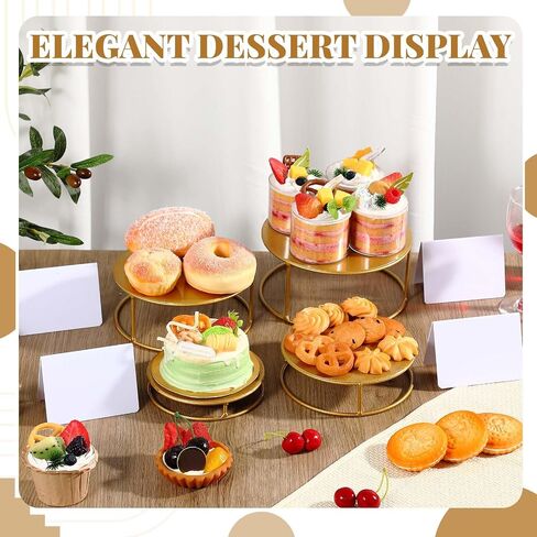 Blulu 8 مجموعة بوفيه Risers Risers Gold Metal Table عرض حامل مستديرة تداخل Riser 4 حجم مختلف مع 8 ملصقات طاولة بوفيه لخدمة Cate Cake Sentibles Party Jewelry Party in Saudi Arabia