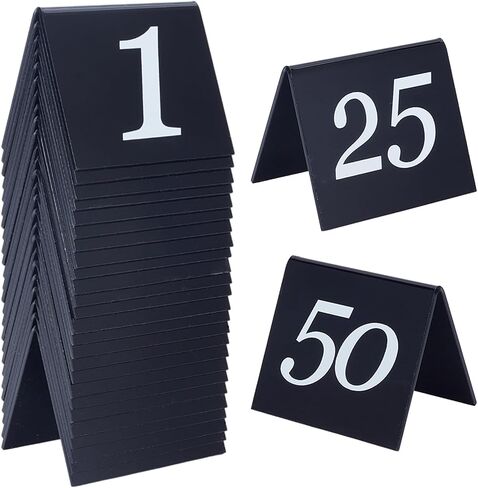 OLYCRAFT 50pcs Tent Style Acrylic Table Numbers Signs 1-50 Double Sided Black Table Numbers Signs Acrylic Tent Table Numbers Stands Signs 2.1x2.5x1.9 Inch for Wedding Party Banquets Receptions in Saudi Arabia