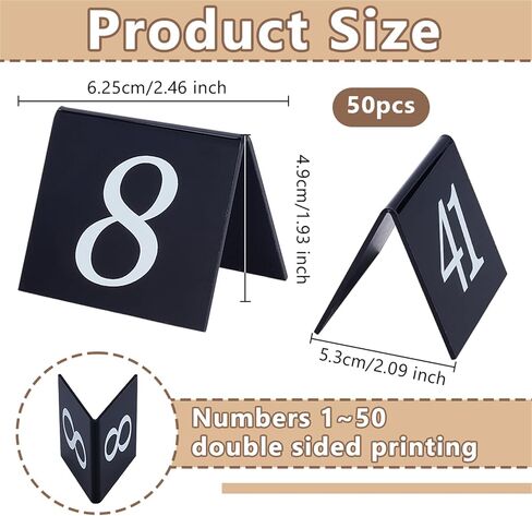 OLYCRAFT 50pcs Tent Style Acrylic Table Numbers Signs 1-50 Double Sided Black Table Numbers Signs Acrylic Tent Table Numbers Stands Signs 2.1x2.5x1.9 Inch for Wedding Party Banquets Receptions in Saudi Arabia
