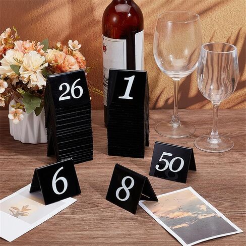 OLYCRAFT 50pcs Tent Style Acrylic Table Numbers Signs 1-50 Double Sided Black Table Numbers Signs Acrylic Tent Table Numbers Stands Signs 2.1x2.5x1.9 Inch for Wedding Party Banquets Receptions in Saudi Arabia