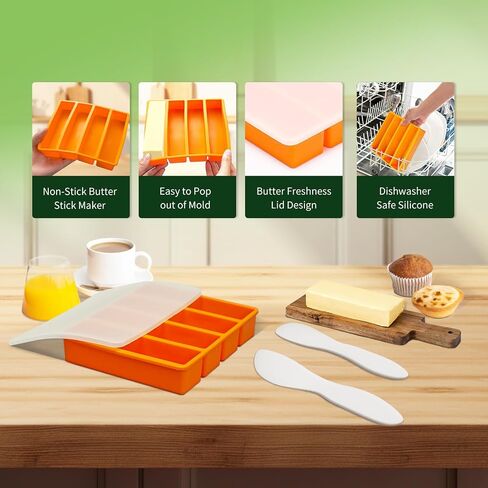 Silicone Butter Molds with Lid, Non-Stick Homemade Butter Mold, Includes 2 Spatulas, Freshness Locked, Easy Release, Versatile Shaping for Baking and Freezing, Orange in Saudi Arabia