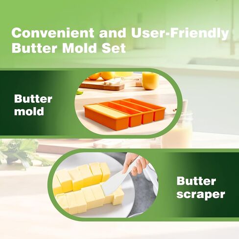 Silicone Butter Molds with Lid, Non-Stick Homemade Butter Mold, Includes 2 Spatulas, Freshness Locked, Easy Release, Versatile Shaping for Baking and Freezing, Orange in Saudi Arabia
