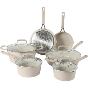 Martha Stewart Heathland Premium Nonstick PFA Free Ceramic Interior 10-Piece Tapered Aluminum Cookware Set - Linen White in Saudi Arabia