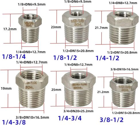 1pcs المخفضات جلبة ذكر x أنثى 1/8 "1/4" 1/2 "3/4" 1 "DN8 DN10 DN15 DN20 Thread 304 مقاوم للسباكة الفولاذ المقاوم للصدأ (DN20 إلى DN40) in Saudi Arabia