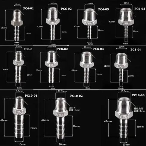 1PCS Hose Barb Coupling 304 Stainless Steel 1/8" 1/4" 3/8" 1/2" Male Thread Pipe Fitting 6/8/10/12mm Pagoda Barb Tail Connector(12mm,1/2") in Saudi Arabia