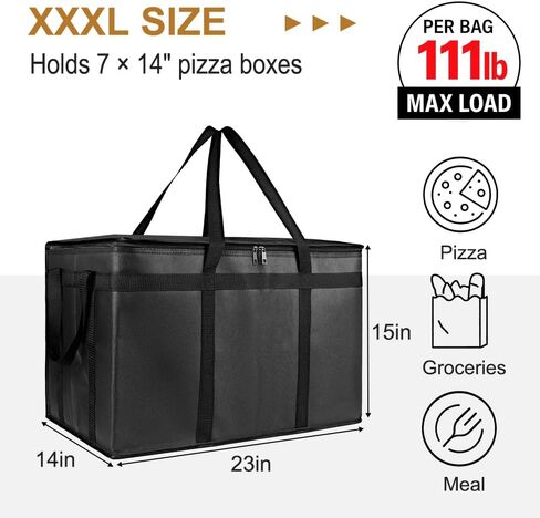 حقيبة توصيل الطعام المعزولة XXXL - أكياس بقالة برودة حرارية قابلة لإعادة الاستخدام لتموين Doordash ، حاملة البيتزا ، الأحداث ، تحافظ على الطعام البارد/الساخن متجمدًا أو أكثر دفئًا للسفر/التسوق ، التجاري (الأسود ، 1pk) in Kuwait