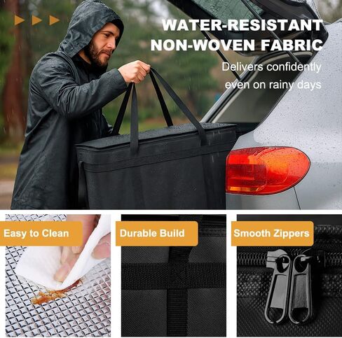 حقيبة توصيل الطعام المعزولة XXXL - أكياس بقالة برودة حرارية قابلة لإعادة الاستخدام لتموين Doordash ، حاملة البيتزا ، الأحداث ، تحافظ على الطعام البارد/الساخن متجمدًا أو أكثر دفئًا للسفر/التسوق ، التجاري (الأسود ، 1pk) in Kuwait