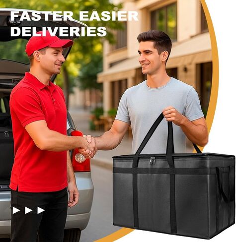 حقيبة توصيل الطعام المعزولة XXXL - أكياس بقالة برودة حرارية قابلة لإعادة الاستخدام لتموين Doordash ، حاملة البيتزا ، الأحداث ، تحافظ على الطعام البارد/الساخن متجمدًا أو أكثر دفئًا للسفر/التسوق ، التجاري (الأسود ، 1pk) in Kuwait