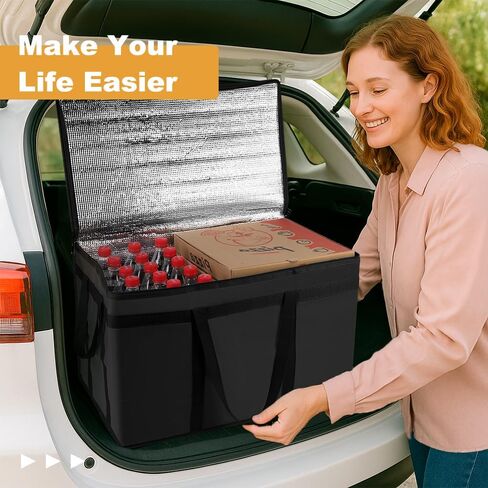 حقيبة توصيل الطعام المعزولة XXXL - أكياس بقالة برودة حرارية قابلة لإعادة الاستخدام لتموين Doordash ، حاملة البيتزا ، الأحداث ، تحافظ على الطعام البارد/الساخن متجمدًا أو أكثر دفئًا للسفر/التسوق ، التجاري (الأسود ، 1pk) in Kuwait