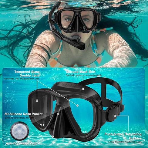 Snorkeling Gear for Adults, Dry Top Snorkel Mask Set 2 Pack Scuba Diving Mask Snorkel Gear Anti Fog Snorkeling Packages Tempered Glass Panoramic View Nose Cover in Saudi Arabia