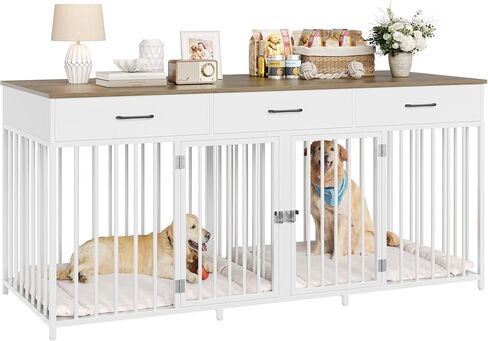HOSTACK Double Dog Crates Furniture, 71" Wide Indoor Dog Kennel with 3 Drawers, Farmhouse Dog Cage for 2 Large/Medium Dogs, Heavy Duty Dog Crate with Removable Divider, Wooden Pet House, Ash Grey in Kuwait