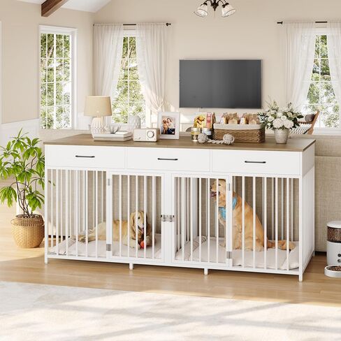 HOSTACK Double Dog Crates Furniture, 71" Wide Indoor Dog Kennel with 3 Drawers, Farmhouse Dog Cage for 2 Large/Medium Dogs, Heavy Duty Dog Crate with Removable Divider, Wooden Pet House, Ash Grey in Kuwait