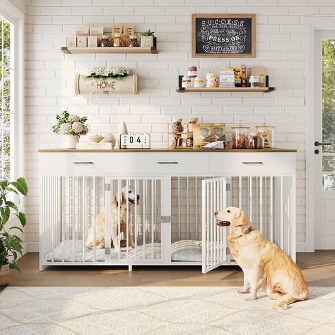 HOSTACK Double Dog Crates Furniture, 71" Wide Indoor Dog Kennel with 3 Drawers, Farmhouse Dog Cage for 2 Large/Medium Dogs, Heavy Duty Dog Crate with Removable Divider, Wooden Pet House, Ash Grey in Kuwait