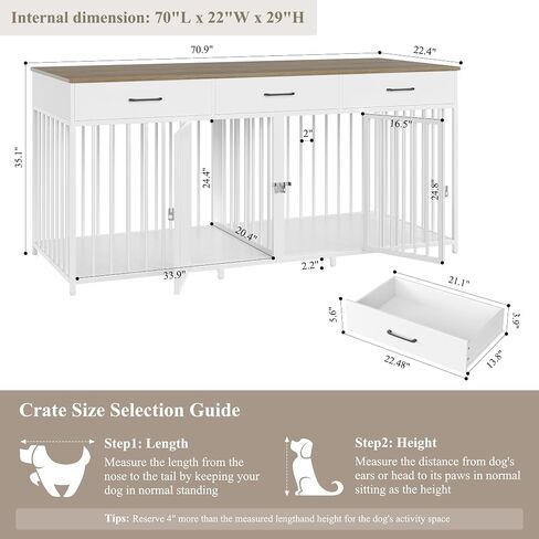 HOSTACK Double Dog Crates Furniture, 71" Wide Indoor Dog Kennel with 3 Drawers, Farmhouse Dog Cage for 2 Large/Medium Dogs, Heavy Duty Dog Crate with Removable Divider, Wooden Pet House, Ash Grey in Kuwait