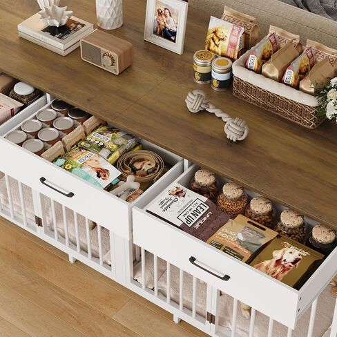 HOSTACK Double Dog Crates Furniture, 71" Wide Indoor Dog Kennel with 3 Drawers, Farmhouse Dog Cage for 2 Large/Medium Dogs, Heavy Duty Dog Crate with Removable Divider, Wooden Pet House, Ash Grey in Kuwait