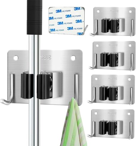 MOP و Broom Holder Wall Mount Stainless Steel 304 Tool Garage Organization Command Rack Screw and Self Reshesive 3M Broom Hanger 4PCS (4pcs ， Black) ، TBJ001 in Saudi Arabia