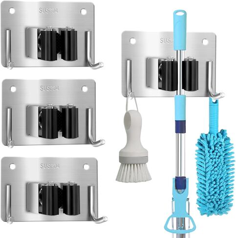 MOP و Broom Holder Wall Mount Stainless Steel 304 Tool Garage Organization Command Rack Screw and Self Reshesive 3M Broom Hanger 4PCS (4pcs ， Black) ، TBJ001 in Saudi Arabia