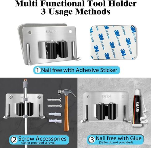 MOP و Broom Holder Wall Mount Stainless Steel 304 Tool Garage Organization Command Rack Screw and Self Reshesive 3M Broom Hanger 4PCS (4pcs ， Black) ، TBJ001 in Saudi Arabia