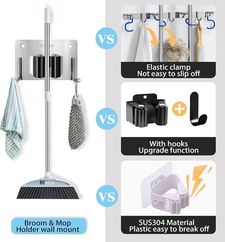 MOP و Broom Holder Wall Mount Stainless Steel 304 Tool Garage Organization Command Rack Screw and Self Reshesive 3M Broom Hanger 4PCS (4pcs ， Black) ، TBJ001 in Saudi Arabia