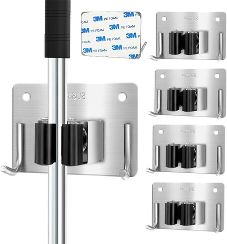 MOP و Broom Holder Wall Mount Stainless Steel 304 Tool Garage Organization Command Rack Screw and Self Reshesive 3M Broom Hanger 4PCS (4pcs ， Black) ، TBJ001 in Saudi Arabia