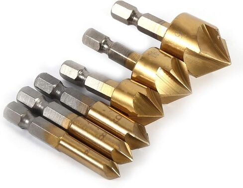 1/4 HEX Shank HSS CHAMFER CONTERSINK 6 قطع مجموعة ، قاطع الشطب الخشبي عالي السرعة مع أحجام من 6 مم إلى 19 مم ، أدوات النجارة لإزالة الرقائق السلسة in Saudi Arabia