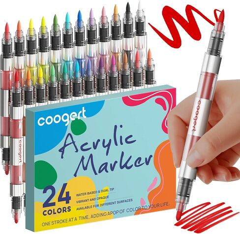 24 Automatic Ink Control Acrylic Paint Markers Dual Tip, No-Bleed Acrylic Paint Pens For Rock Painting, Wood, Fabric, Canvas, Glass, Plastic, Art Painting Supplies Kit (Brush Tip + Medium Tip) in Kuwait